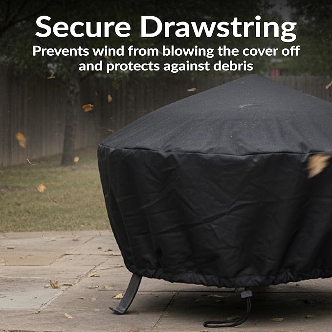 Sunnydaze Round Outdoor Fire Pit Cover - Heavy-Duty 300D Polyester and PVC with Drawstring Closure - Black - 36-Inch