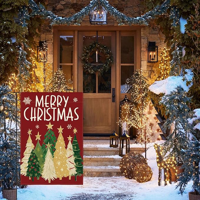 AVOIN colorlife Merry Christmas Garden Flag 12x18 Inch Double Sided Outside, Christmas Trees Winter Holiday Yard Outdoor Flag Red