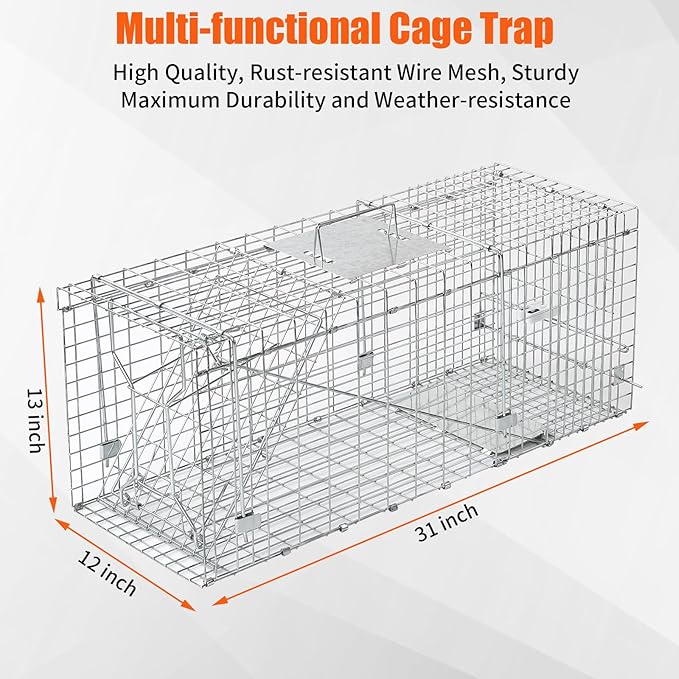 Uablun 31" Live Animal Trap, Heavy Duty Folding Squirrel Traps Outdoor, Humane Catch & Release Cat Trap for Stray Cats, Raccoons, Squirrel, Skunk, Mole, Groundhog, Armadillo, Rabbit
