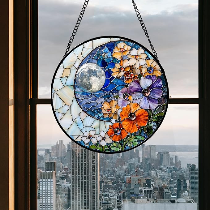JOSUMALY Stained Glass Window Hanging - Blue White Moon Suncatcher for Door Terrace Garden Home Decor Colorful Flowers Sun Catcher Birthday Gifts for Lovers Women Men Dad Mom Nana 7.8 in