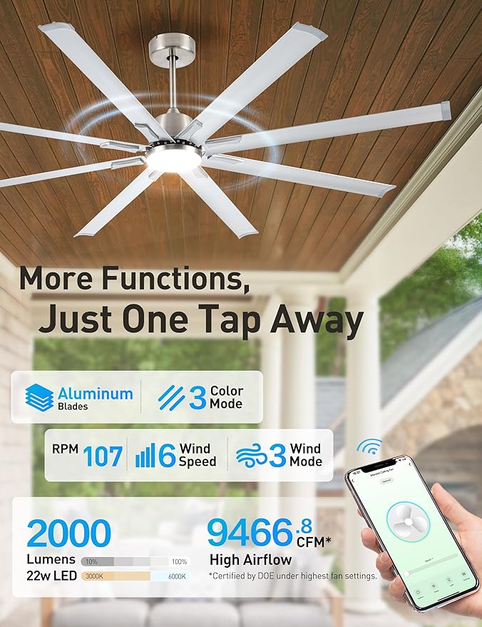 72 Inch Ceiling Fan with Light,Industrial Ceiling Fan with 8 Black Aluminium Blades,Smart Fan Compatible with Alexa,Garage Outdoor Indoor Fan for Patio and Living Room
