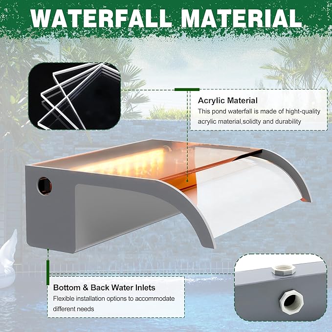 Pool Fountain, LONGRUN Waterfall Spillway for Koi Ponds - 23.6" Transparent Acrylic Waterfall Multi-Color LED Lights for Swimming Pool, Garden Pond, Patios, Spa Decoration
