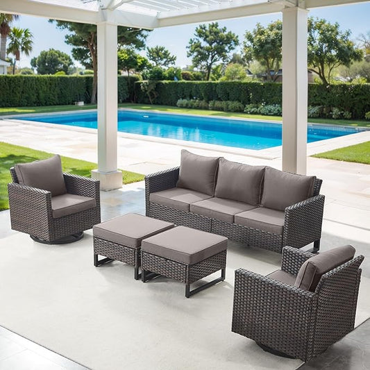 5 Piece Wicker Patio Furniture Set - Outdoor Swivel Rocker Chairs Set with 3 Seat Sofa and Ottomans, Small Patio Conversation Sets Proch Furniture for Balcony Deck - Brown/Grey