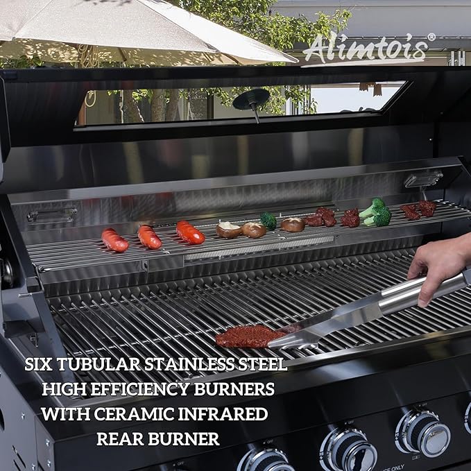 82 Inch 6 Burner 85000 BTU Deluxe Stainless Steel Gas BBQ Island Outdoor Kitchen with Wine Cooler, Rotisserie Kit, Granite Countertops & Stainless Steel Sink - Modular Outdoor Kitchen