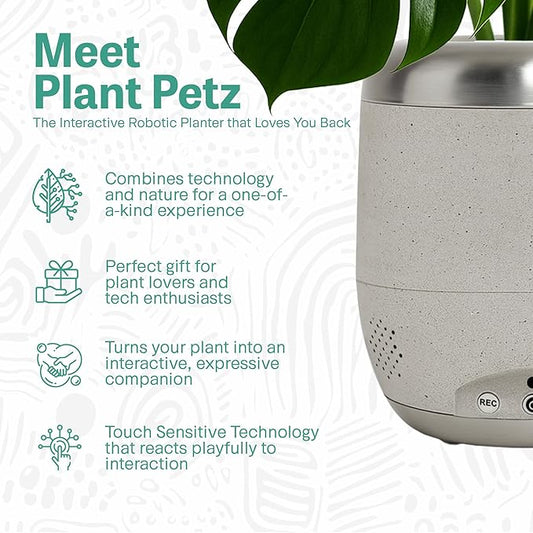 PLANTPETZ Extra Large Robotic Planter – Smart Planter Fits 6 Inch Pots | Bluetooth Speaker | Interactive Smart Plant Pot Turns A Real Plant Into a Touch/Motion Responsive Companion - Sand Beach Tan