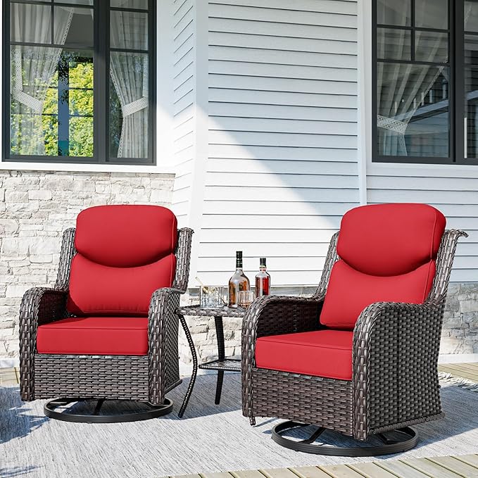 Patio Swivel Chairs Set of 2 and Side Table, Outdoor Swivel Rocker Patio Chairs with High Back and Thick Cushions, Wicker Patio Furniture Set for Porch, Deck Use (Red, 3 PCS)