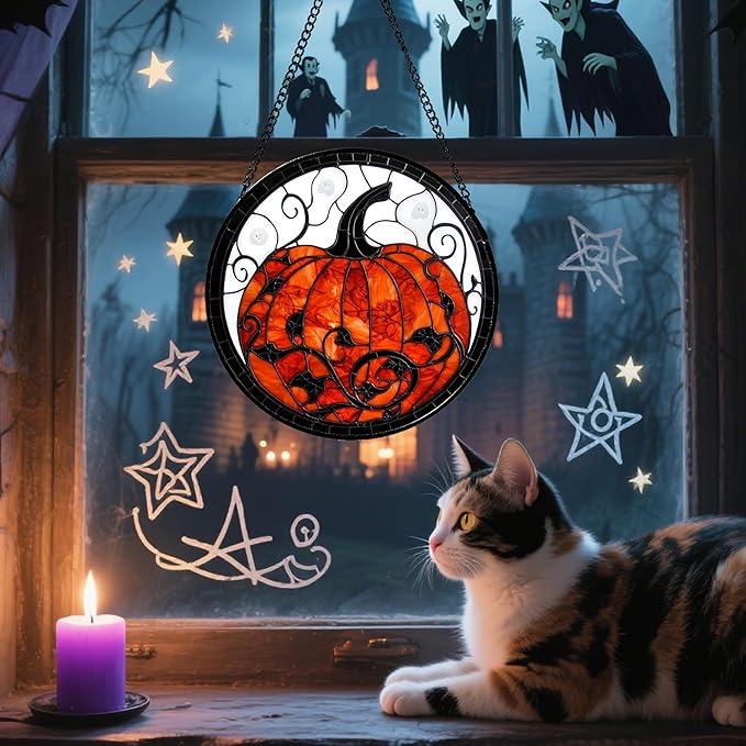 CRISGIF Stained Glass Window Hanging - Halloween Red White Scary Pumpkin Suncatcher for Doors Garden Home Spooky Rattan Sun Catchers Gothic Decor Horror Gifts for Women Men Friend Boy Girl 6.3 in