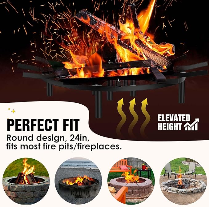 24in Heavy Duty Fire Pit Grate Round, Decorative Wood-Burning Lift Grate Pit, Heat-Resistant,Heavy Duty Firepit Grate for Outdoor Campfires, Fireplace Woodstoves and Outdoor Camping Firepits