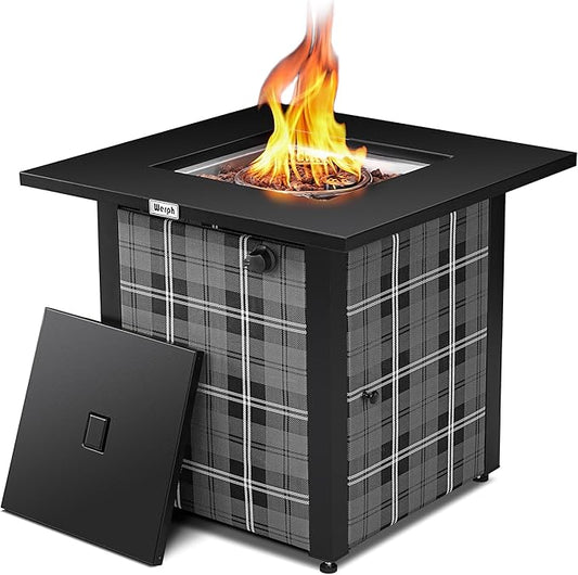 28 in Propane Fire Pit Table, ETL-Certified Fire Table with Lava Rocks for Patio Deck Garden Courtyard, 50,000 BTU Square Fire Pit Table with Lid, Black