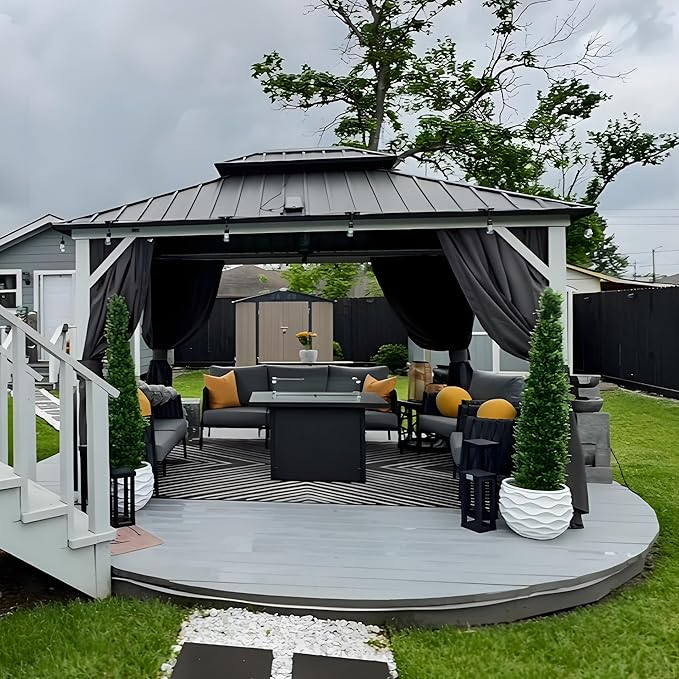PURPLE LEAF 10' X 12' Hardtop Gazebo Metal Double Roof White Aluminum Frame Outdoor Heavy Duty Gazebo with Curtain and Netting for Patio Garden and Backyard, Grey