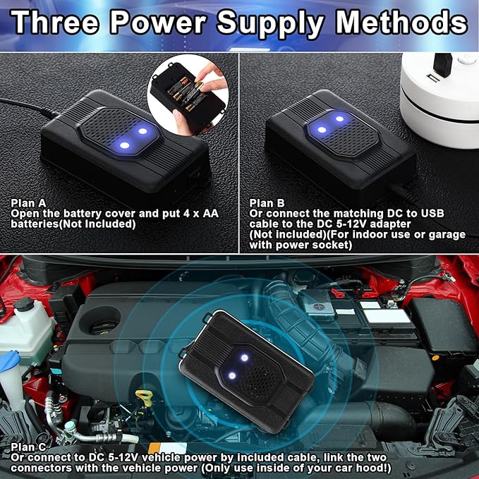 Qualirey 2 Pcs Ultrasonic Rodent Repellent for Car Engines Car Rodent Repeller Under Hood Battery Operated Rat Repellent with Strobe Light Keep Pest Squirrels Mice Out of Garage RV Outdoor