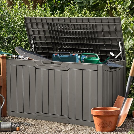 YITAHOME 100 Gallon Outdoor Storage Box, Large Water Resistant Resin Deck Box, Indoor Outdoor Lockable Storage Container for Patio, Garden, Cushions, Tools, Equipment (Taupe)