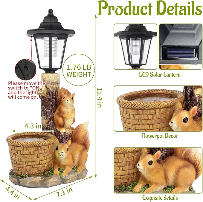 YEPOTUE Solar Squirrels Outdoor Statues, Garden Sculptures with Flowerpot Decor & Solar Lantern for Yard Art Lawn Ornaments Porch Patio Balcony - Birthday Gifts for Women Mom