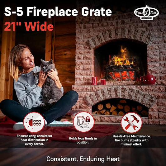 Grate Wall of Fire Model S-5 High Efficiency Smoke-Free Fireplace Grate – 21" Wide, 12" Tall, 11" Deep – Heavy-Duty Alloy Steel – Boosts Heat Output & Minimizes Smoke – Made in USA