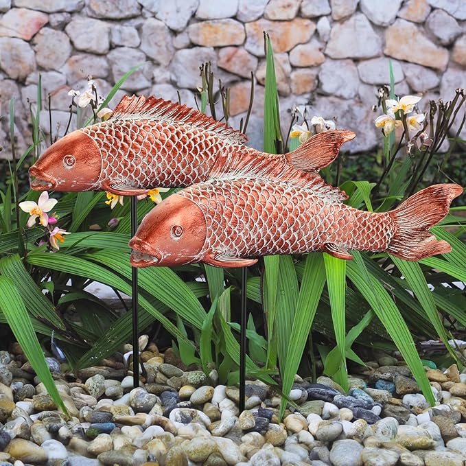 Wosuine Garden Statues Koi Fish Decor Outdoor Garden Fish Statues, Set of 2 Antique Copper Koi Art Sculptures for Patio, Backyard, Pond and Home Decor, Best Gardening Gifts for Women Mom