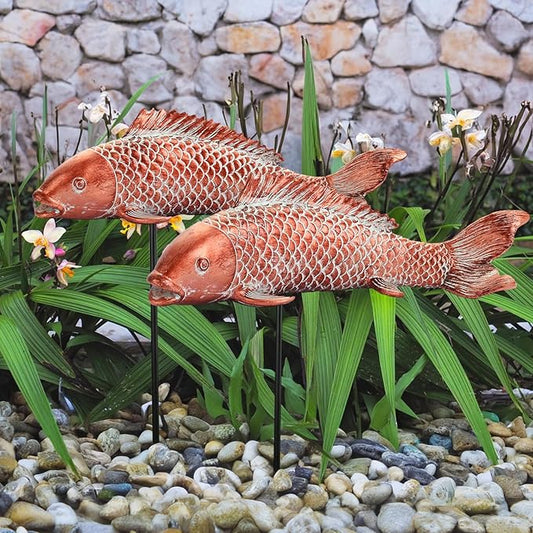 Wosuine Garden Statues Koi Fish Decor Outdoor Garden Fish Statues, Set of 2 Antique Copper Koi Art Sculptures for Patio, Backyard, Pond and Home Decor, Best Gardening Gifts for Women Mom