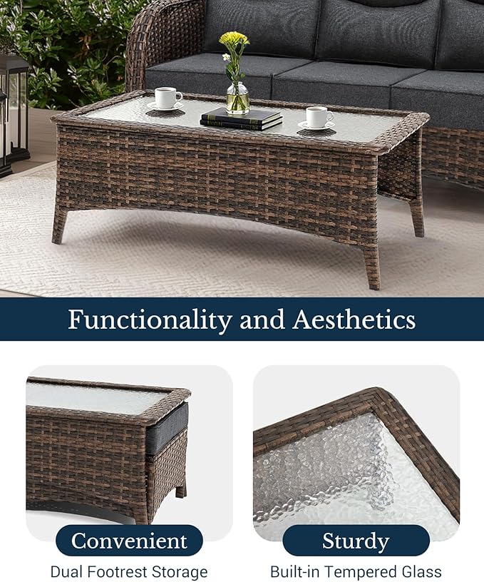 HILLGA Luxury High Back Patio Furniture Set with 6-Inch Thick Cushion, 7-Piece Outdoor Conversation Set with Sofa, Swivel Rocker Chairs & Ottomans, Ideal for Porch Pool Deck Yard (Dark Grey)