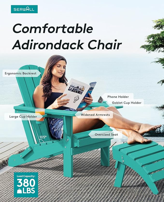 SERWALL Adirondack Chair with Cup Holders - Composite Adirondack Chairs Set of 2 HDPE Outdoor Chairs All Weather Use- Aruba