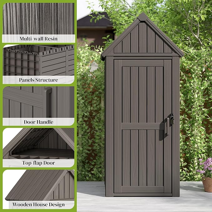 Fancyango Ultimate Outdoor Storage Cabinet - Sturdy Resin Construction with Reinforced Floor, Adjustable Shelves & Lock for Security (Grey)