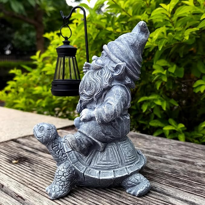 Bezseili Garden Gnome Statue Riding Turtle - Garden Gnomes Decorations with Solar LED Lights, 7.9" Outdoor Resin Figurine Ornament for Patio, Yard, Funny Lawn Decor (Gray)