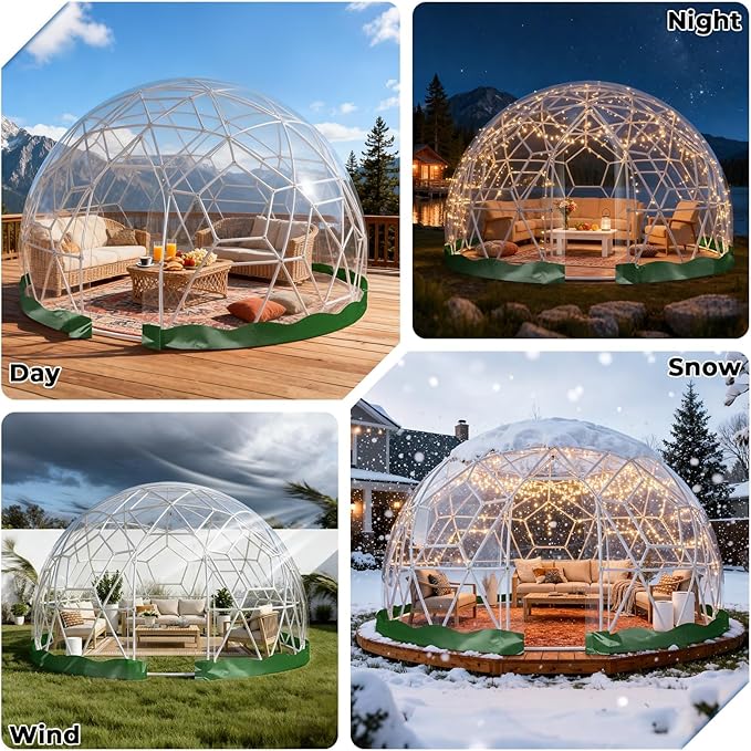 Garden Dome 9.5 * 5.7FT, 360° View Geodesic Dome Greenhouse with PVC Clear Cover, Waterproof Garden Bubble Dome Tent House with 2 x 10M Light Strings for Outdoor, Green