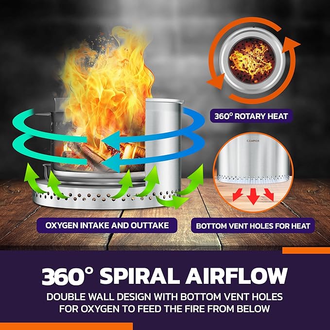 Large Wood Burning Fire Pit Stove - Smokeless Outdoor Stove for Efficient Wood Fires, Camping, Cooking, and Garden Gatherings, Durable Stainless Steel with Removable Ash Pan, 20.94 lbs