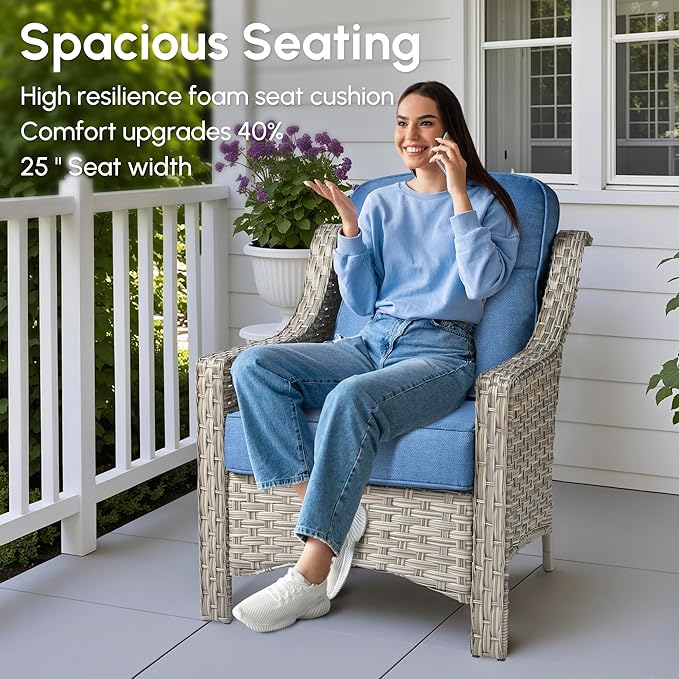 8 Pieces Patio Outdoor Furniture Set with Swivel Rocking Chairs,All Weather Wicker Rattan Patio Seating Sofa and Chair Set w/Ottoman,Outdoor Conversation Sets for Deck Yard Garden,Blue