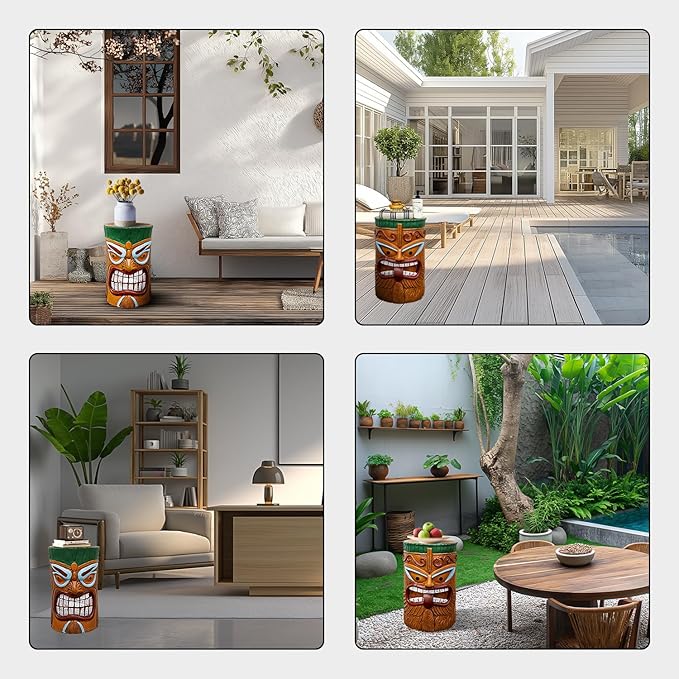 SKYFIRE 2 Pack Large Tiki Statue - 20”H Tiki Bar Side Tables Outdoor Decor for Garden, Patio, Backyard, Lawn and Office -Concrete The Grand Tiki Face Kanaloa Teeth Stool End Table for House Decor