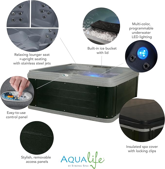 AquaLife Ariana™ 7-Person 30-Jet Non-Lounger Hot Tub with LED Lighting, Insulated Cover, Built-in Ice Bucket, Stainless Steel Heater and Ozonator