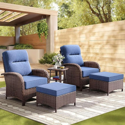 5-Piece Patio Furniture Set with 6-Inch Thick Cushions, High Back Outdoor Arm Chairs and Table, All-Weather Conversation Set for Porch, Deck, Balcony, Yard in Blue