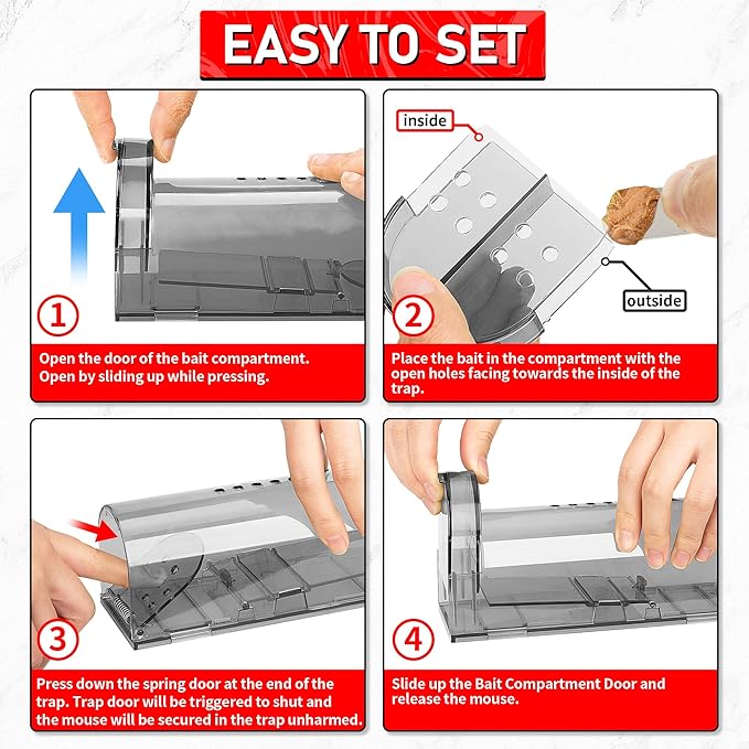 LULUCATCH Humane Mouse Traps 2 Pack, Live Mouse Traps, Catch Release Mouse Traps Indoor for Home, No Kill Mole Squirrel Rat Traps for House & Outdoors, Pet Safe, Grey