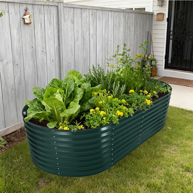 Oval Galvanized Raised Garden Bed Kit with Zippered PVC Cover, Easy Assembly, Thick Metal Outdoor Planter Box for Vegetables, Flowers, Patio Gardening, Dark Green
