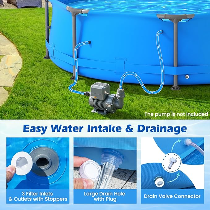 GYMAX 12ft x 30in Metal Frame Above Ground Swimming Pool, Outdoor Backyard Famliy Pool Set with Puncture-Resistant Fabric, Drainage Valve Connector for Kids & Adults (12' x 30", Round, Blue)