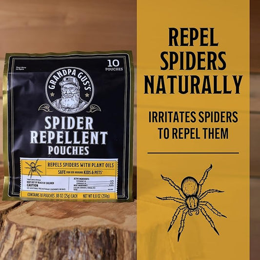 Grandpa Gus's Natural Spider Repellent Pouches, Spider Deterrent with Peppermint and Lemongrass Oil, Indoor Pest Control for Closet, Basement, Cabin, Shed, RV & Garage, 8.8 oz Each (10 Pouches)
