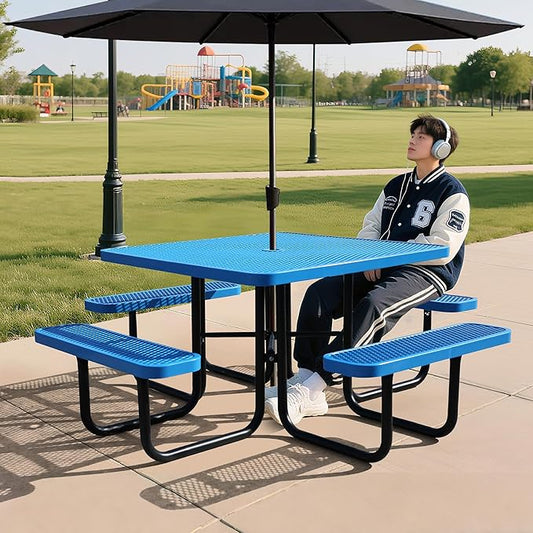 46Inch Square Picnic Table for 8 Person, Outdoor Heavy Duty Sturdy Picnic Tables with 4 Benches & Umbrella Hole, Commercial Metal Patio Picnic Table for Garden, BBQ, Coffee Store, Party, Porch (Blue)