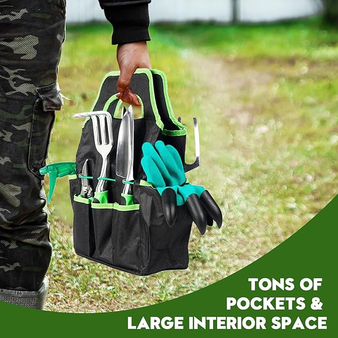 Heavy Duty Gardening Set, Featuring 9 Piece Durable Tools with Comfortable Non Slip Ergonomic Rubber Grips and A Large Tool Bag Perfect as A Family Gardening Helper