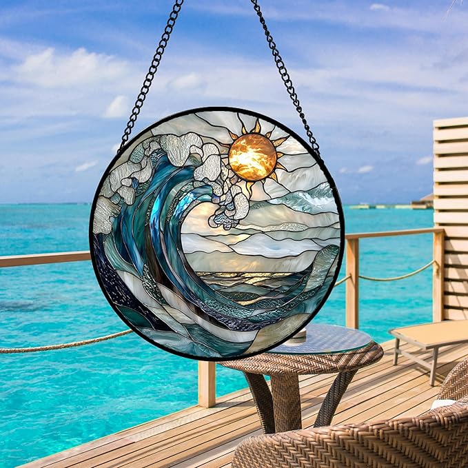 DASTOLL Stained Glass Window Hanging, Blue and White Waves Suncatcher Diamond Glass Panel Landscape Sun Catchers Decor for Birthday for Women, Men, Wife, Aunt, and Mom 9.8 in