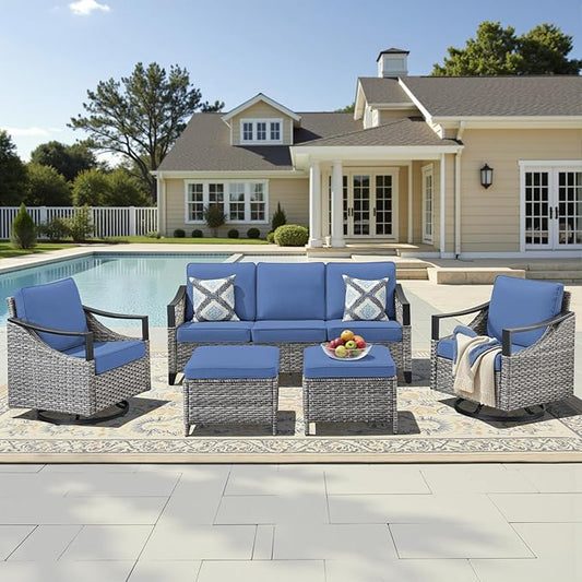 5 Pieces Patio Furniture Sets - All Weather Outdoor Swivel Rocker Patio Chairs with 3-Seat Sofa and Multifunctional Ottomans, Outdoor Conversation Set for Garden Porch Balcony Deck Gray/Blue