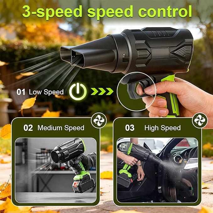 3 in 1 Leaf Blower Cordless with 2 * 3Ah Battery and Charger, 3 Speed Mode, Lightweight, 21V Battery Powered Electric Handheld Blower for Lawn Care, Blowing Leaves, Patio Cleaning, Dust, Snow