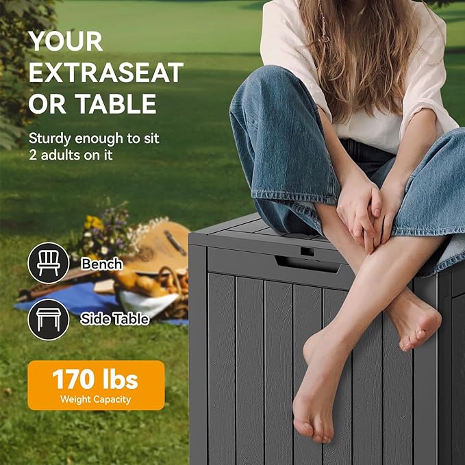 NUNU LAB 32 Gallon Outdoor Storage Box Waterproof, Outside Package Delivery Deck Boxes with Lockable Lid, Backyard Storage Bin For Garden Tools, Patio Cushions, Pool Accessories, Black