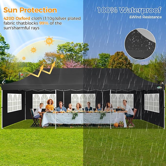 COBIZI 10x30 Pop up Canopy with 8 Removable Sidewalls, Outdoor Canopy Waterproof Commercial Tents for Parties Wedding, with Upgrade Raised Top Cover and Roller Bag, with 4 Sandbags(Black)
