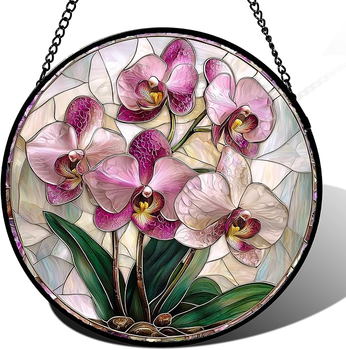 AMDERVEN Stained Glass Window Hanging - Pink Purple Phalaenopsis Flowers Sun Catcher for Door Home Decor Plant Suncatcher Christmas Mother's Day Birthday Gifts for Women Men Mom Nana 15 in