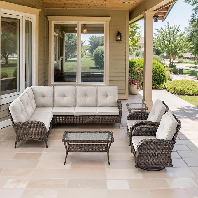 Belord Outdoor Furniture Set - 6 Pieces Patio Conversation Sectional Sofa Set with Swivel Rocker Outdoor Chairs Set of 2 and Wicker Coffee Table for Deck Backyard Sunroom Brown