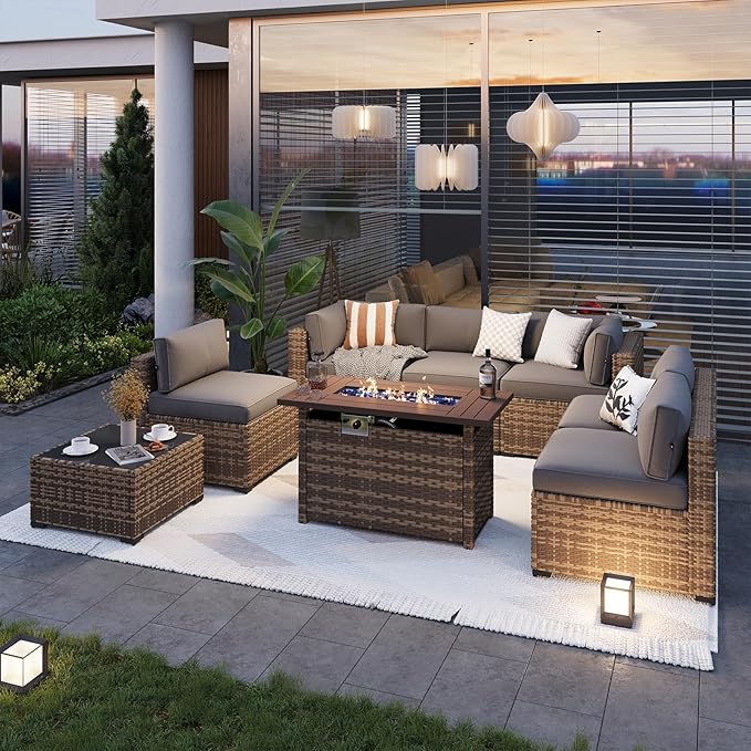 Aoxun Patio Furniture Sets, 8-Piece Outdoor Patio Furniture with 44'' Propane Gas Firepit Table, Wicker Outdoor Conversation Set Sectional Sofa for Backyard, Poolside, Garden