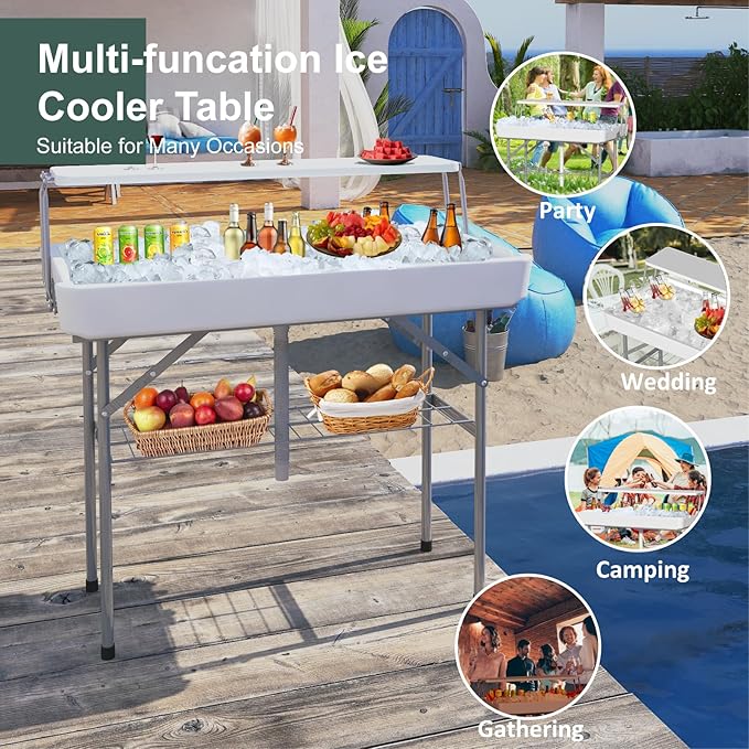IWDOO 4 Foot Led Ice Cooler Table, Two-Tier Outdoor Cooler Table with Removable Matching Skirt LED Light Strip Drain Plug and Shelf, Plastic Chill Tables to Keep Drinks Cool for Party, Camping, Picnic