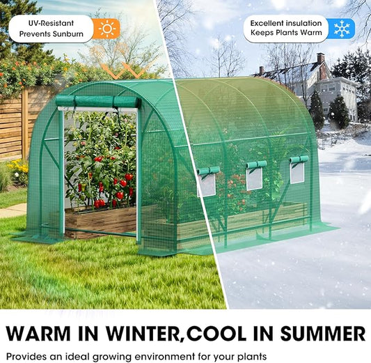 Grezone Walk-in Greenhouse Upgraded Green House with Zippered Screen Doors & 6 Screen Windows Heavy Duty Plastic Plant Warm House with Reinforced Frame (12x7x7 FT)