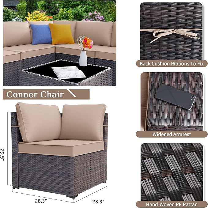 Kurapika 6 Pieces Patio Furniture Set, Rattan Wicker Outdoor Conversation Sets w/4 Inch Cushion and Glass Coffee Table(Sand)