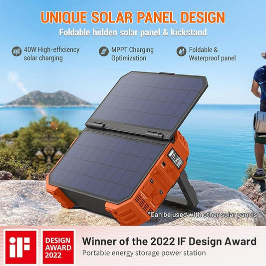 BROWEY Portable Power Station, 1000W Solar Generator with Built-in Solar Panel, 614WH/192000mAh LiFePO4 Battery Pack, AC/DC/USB/PD Outputs, for Outdoor Camping, RV Travel, Emergency Preparedness