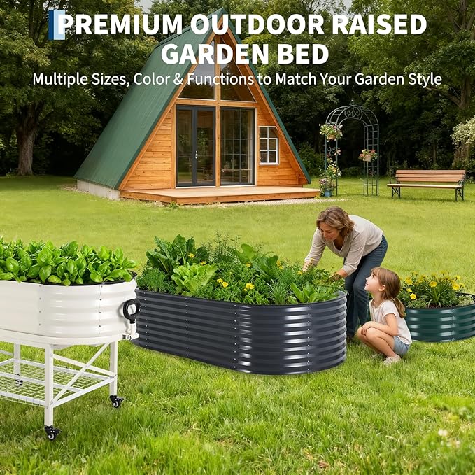Oval Galvanized Raised Garden Bed Kit with Zippered PVC Cover, Easy Assembly, Thick Metal Outdoor Planter Box for Vegetables, Flowers, Patio Gardening, Grey