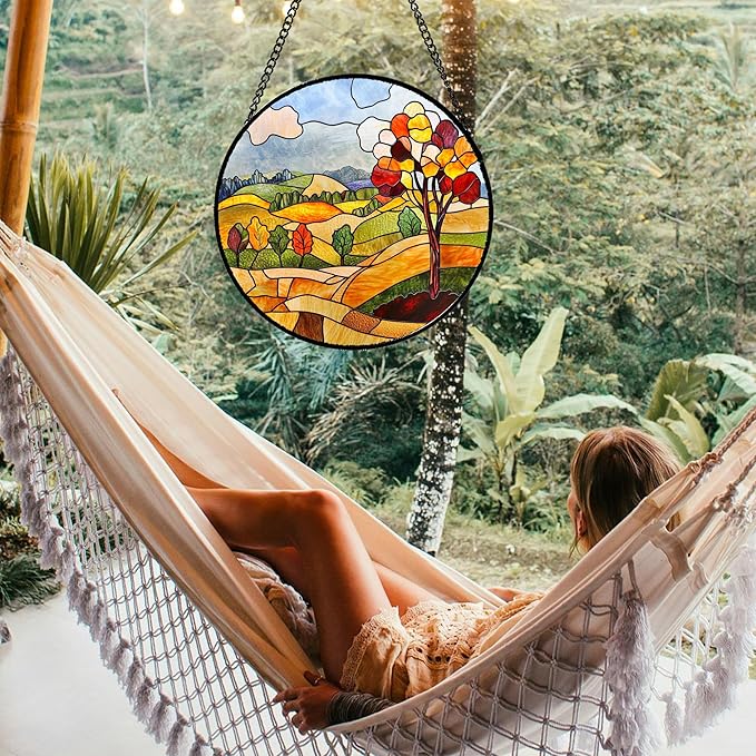 QZQCBLC Stained Glass Window Hanging Orange Mountains Trees Farm Landscape 7.8" - Suncatcher Door Garden Sun Catcher Home Decor Birthday Christmas for Mom Men Woman Friend